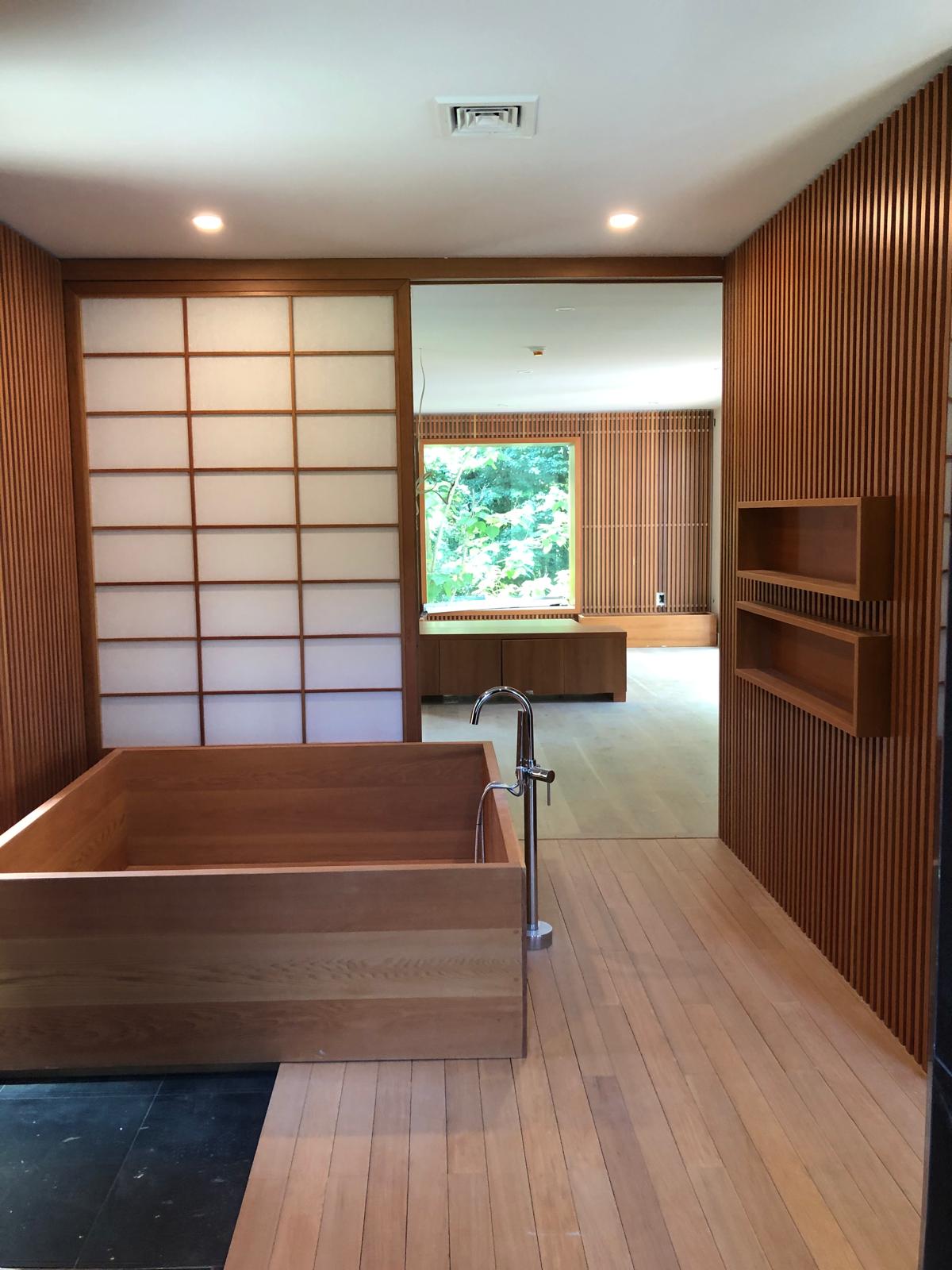 Custom wood interior with a built-in soaking tub
